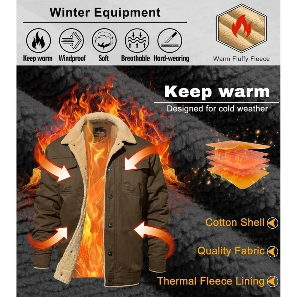 Men's Coffee Winter Thick Thermal Cotton Warm Fleece Lined Coat Cargo Jackets